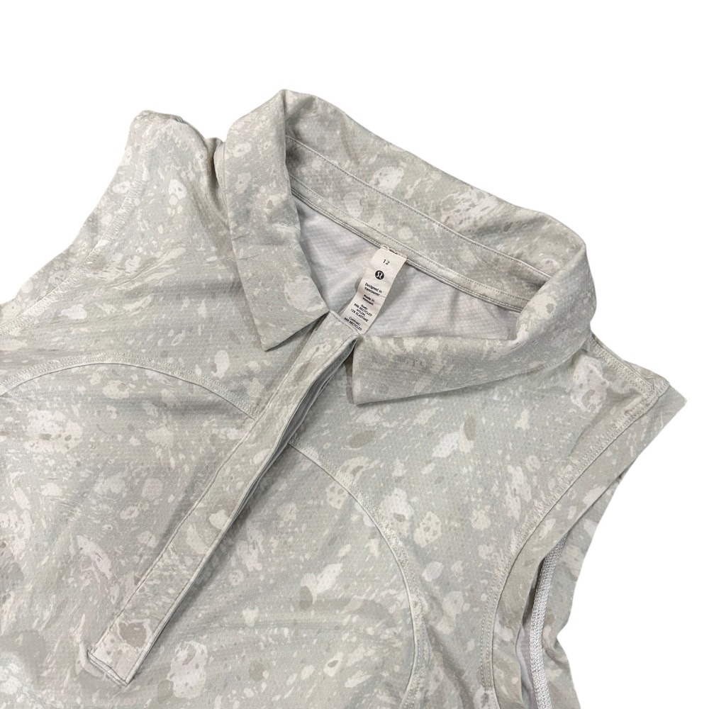 LULULEMON Sleeveless Polo Top Womens 12 Gray White Print Golf Tennis Stretch